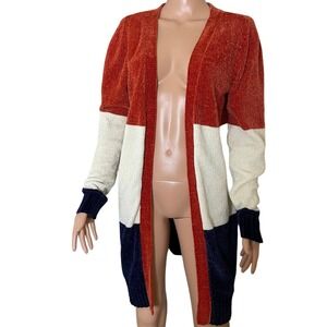 Lily White cardigan sweater long color block open front Soft orange/blue SZ M